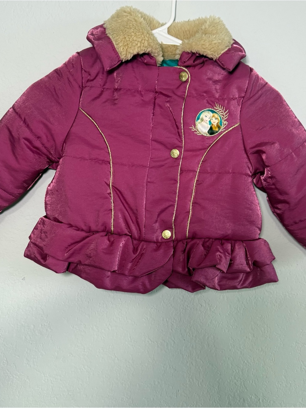 Disney Frozen Anna Elsa Girls Size 4 Pink Puffer Jacket Faux Fur Collar